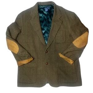 Vintage Nautica Wool Blazer Sport Coat Mens XL  Brown Herringbone Elbow Patch